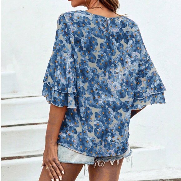 Floral Print Round Neck Flare Sleeve Blouse Blue - Picture 3 of 8
